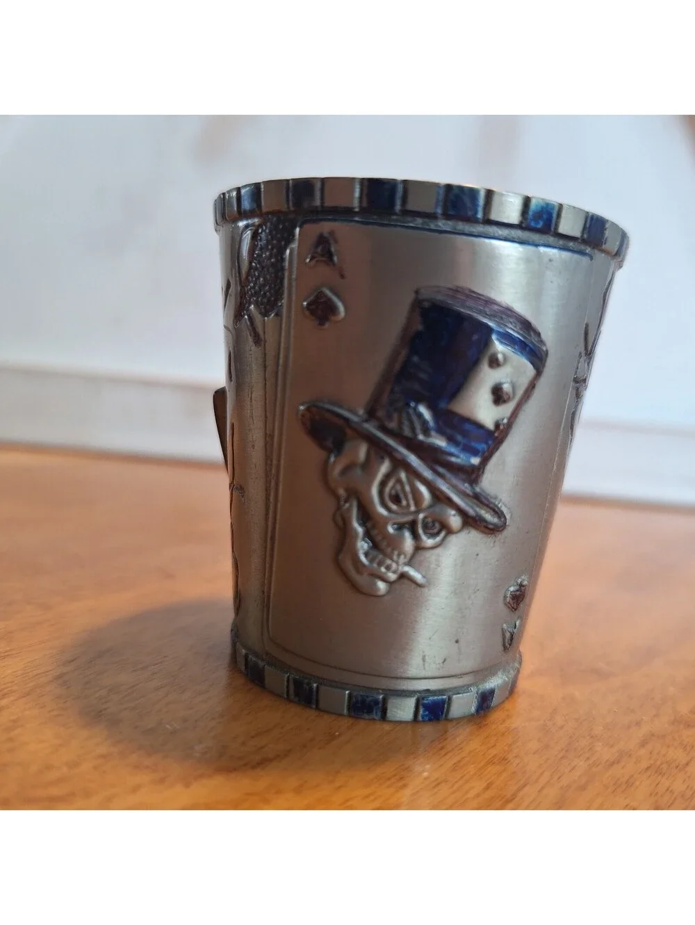 VTG Pewter Shot Glass Holder + Shot Glass Skeleton Gambler Spades Top Hat 2.25